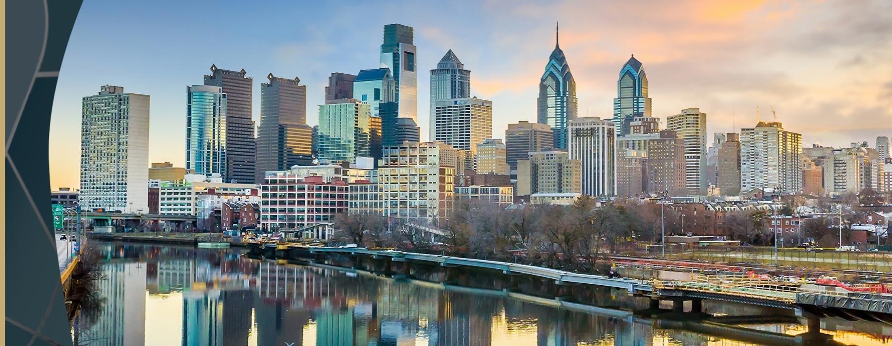 a city skyline with a river